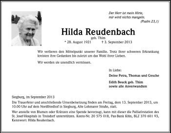 Anzeige von Hilda Reudenbach von Köln - Wir Trauern